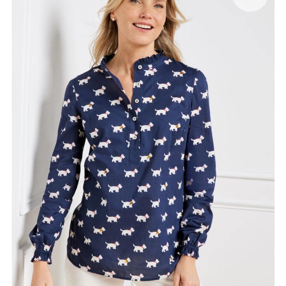 NWT Talbots Navy Sequin Ruffle Neck Popover Blouse M Scottie Dog Print Career